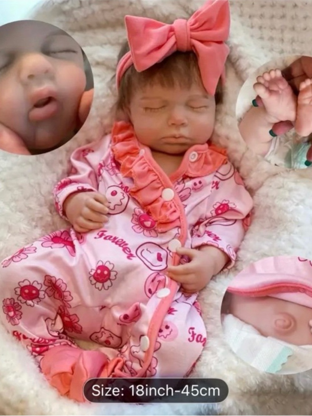 18” full body silicone baby girl doll with Brown hair